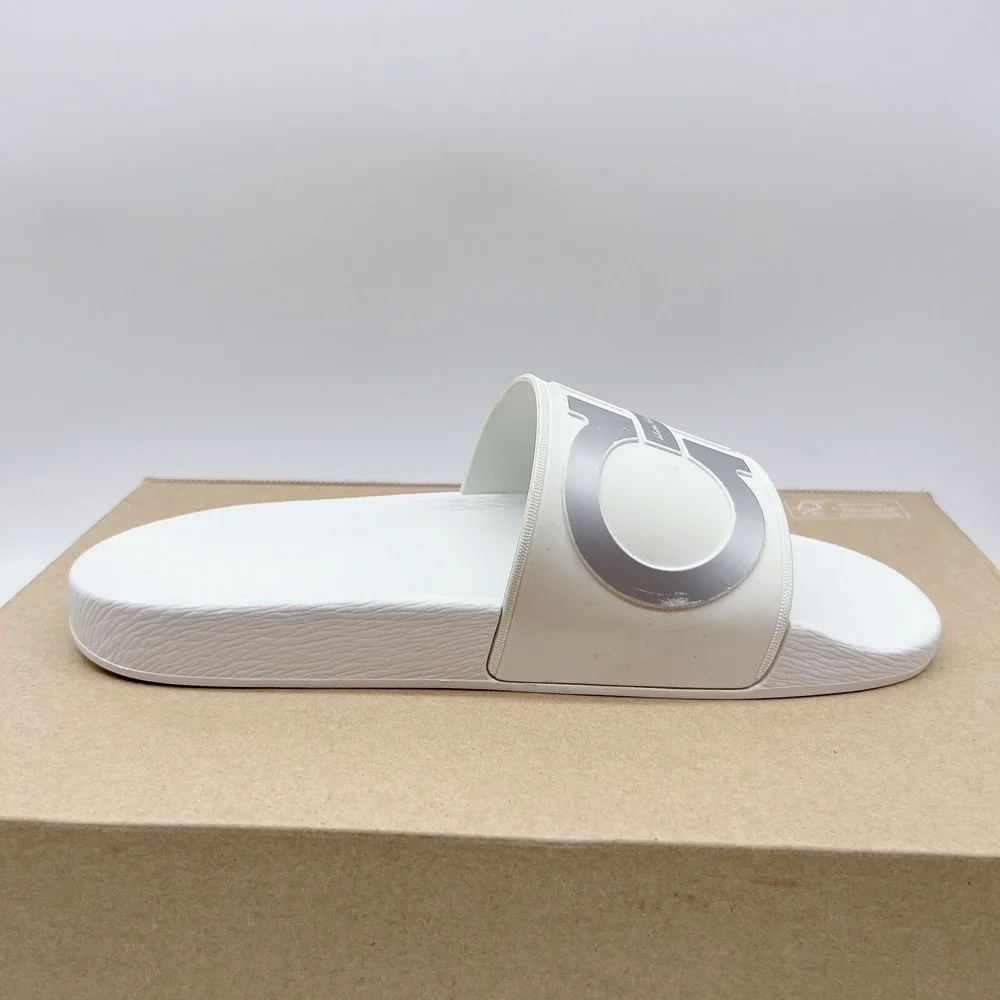 Salvatore Ferragamo Groove 6 Mens Gancini LOGO Slides Sandals White Gray US 7